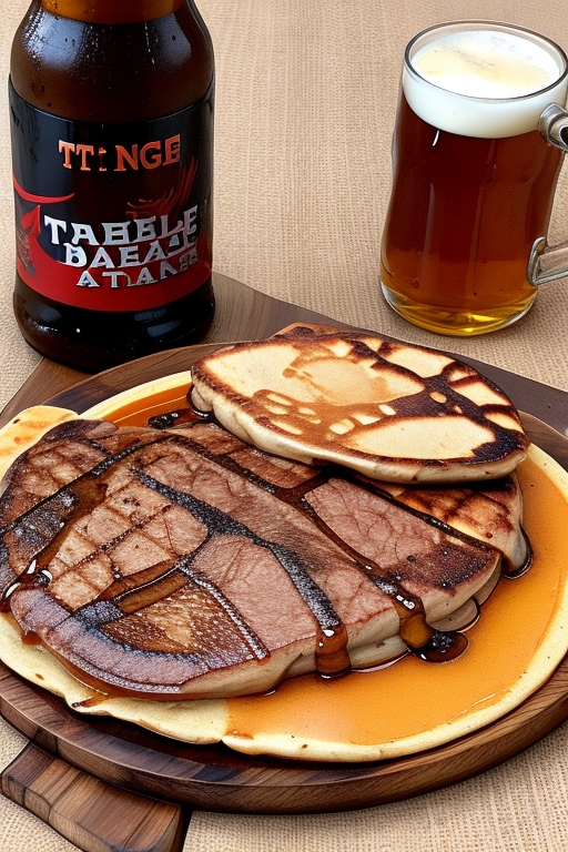 DreamShaper_v7_tbone_steak_pancakes_beer_on_wooden_plate_1.jpg